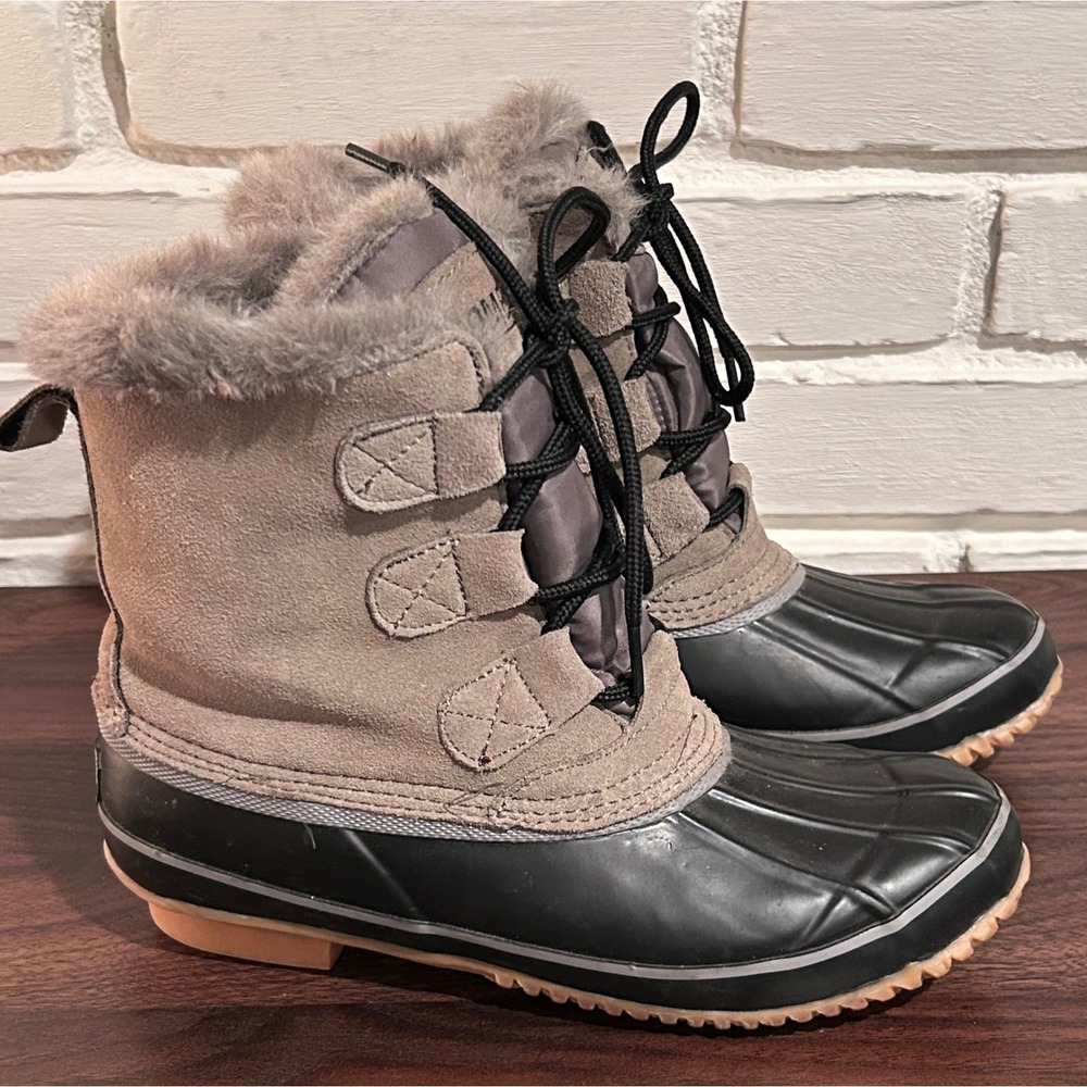 Khombu Womens Winter Duck Boots Tan Black‎ Faux Fur Trim Steel Shank Size 7 Snow